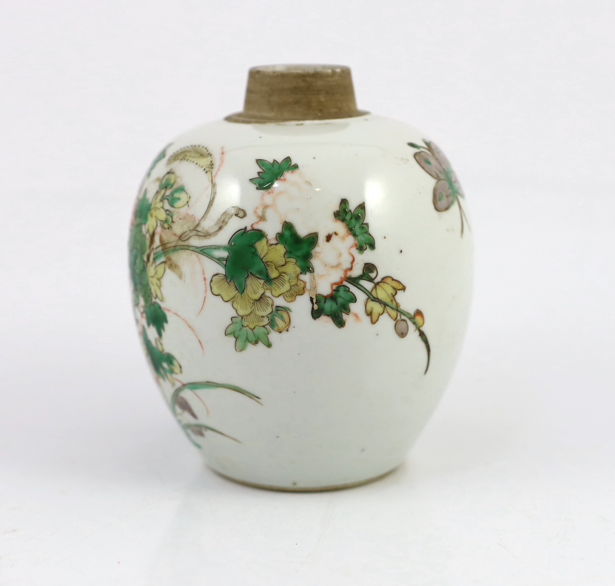 A Chinese famille verte small ovoid jar, Kangxi period, some wear to the iron red enamel